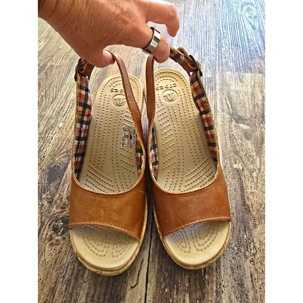 Crocs Womens Brown/Beige Slingback Wedge Sandals Plaid Adjustable US 8